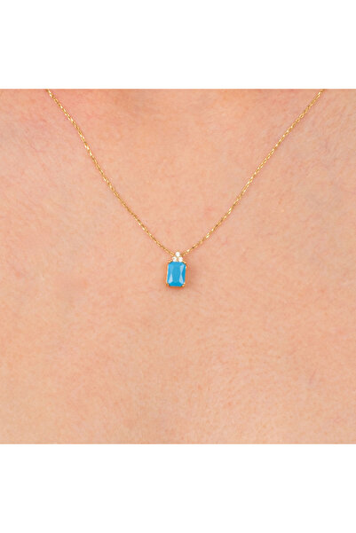 FasekGold Altın Kolye - Baget Tasarım Firuze (Turkuaz) Taşlı 14 Ayar Altın Kolye