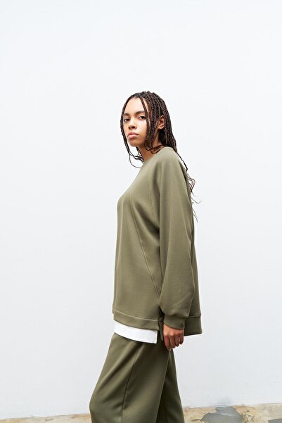 Basicpark Khaki Women's Crew Neck Skirt Single Jersey Top and Elastic Waist Bottom Modal Set