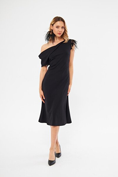 LAMANTE OTRİŞ KOLLU SİYAH MİDİ ELBİSE