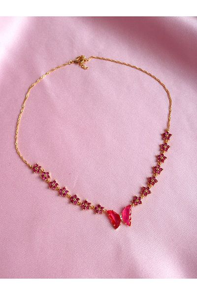 Reorah Collection Dark Pink Floral Butterfly Necklace with Zircon Stones