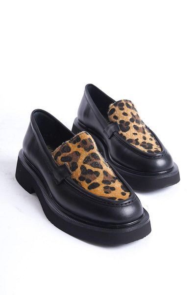 Mubiano Collection Women's Leopard Detailed Thick Sole Genuine Leather Loafer Leopard/Black - Mcrgn7010 - Slpr