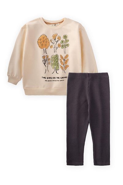 Cigit Ecru Tree Printed Tights Sweatshirt Set for 2-10 Years Old Girls