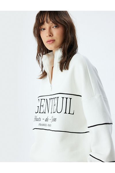 Koton Oversize Printed Sweatshirt - Half Zipper, Stand Collar, Three Thread Raster