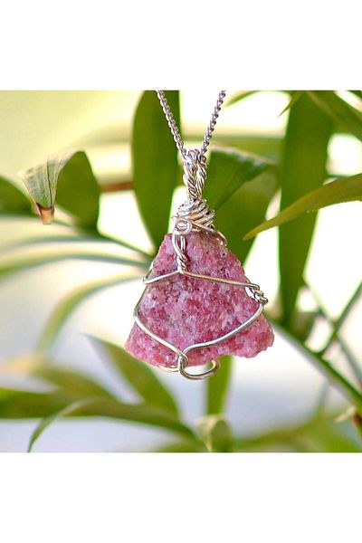 Taş Sandığı Rhodonite Stone Raw Necklace - Wire Wrapped