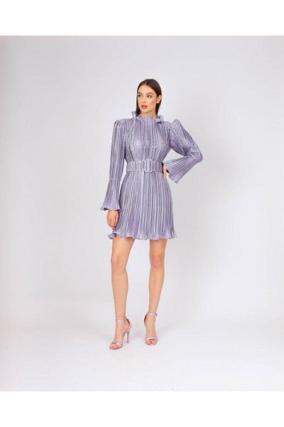 CENGIZ AKTURK Pleated Long Sleeve Short Evening Dress with Belt Detail - 4037C