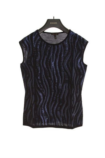 Escada Knitted Patterned Sleeveless Navy Blue Wool Sweater