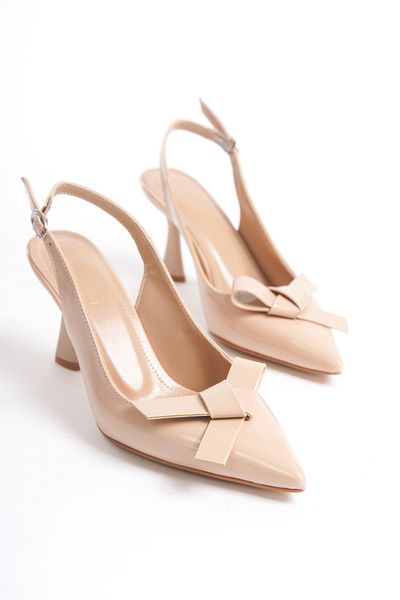 Mubiano Mblnr060-N Women's Pointed Toe Nude Patent Leather Heeled Shoes with Open Back Bow Detail