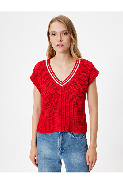 Koton V Yaka Kolsuz Çizgili Triko Süveter