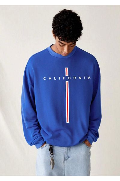 Buğraterzimoda California Printed Crew Neck Saks Blue Oversize Sweatshirt