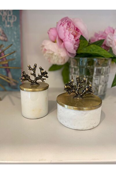 Dekordan House 2' li Mermer Pirinç Mercan Kapaklı Mumluk
