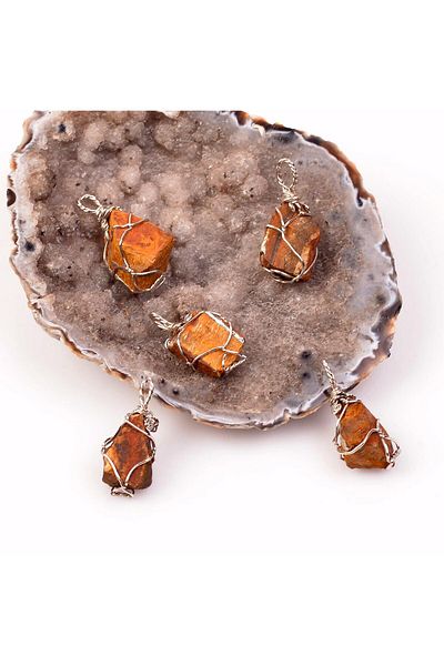 Taş Sandığı Raw Tiger Stone Necklace - Wire Wrapped Eye Design