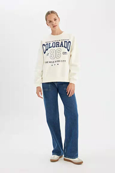 DeFacto Oversize Fit Crew Neck Thick Sweatshirt Off White