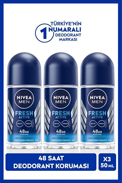 NIVEA MEN Erkek Roll-on Deodorant Fresh Active 50ml, 48 Saat Koruma, X3 Adet