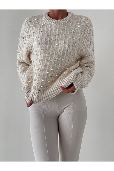 İLKCET MODA Crew Neck Pearl Embroidered Women's Sweater
