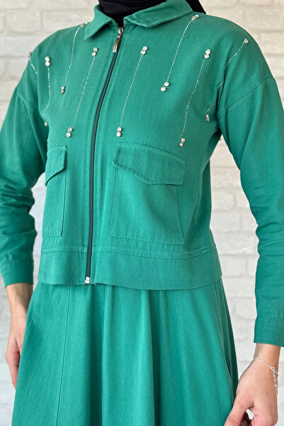 julude Green Stone Detailed Hijab Jacket and Skirt Set