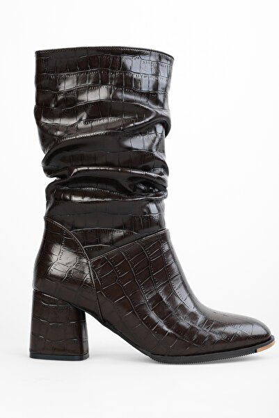 Shoeberry Dámské krokodýlí hnědé boty s klínem na podpatku Nollie