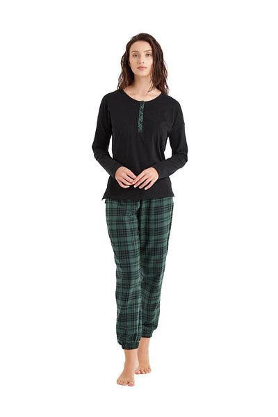 Blackspade Costum de pijama pentru femei cu mânecă lungă, neagră, 100% bumbac C7T7N4O06
