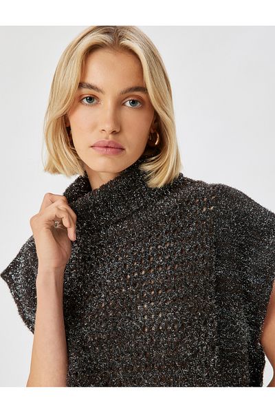 Koton Turtleneck Plush Sleeveless Openwork Sweater
