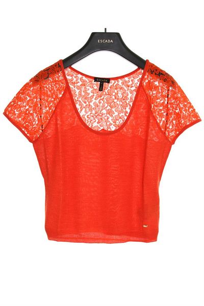 Escada Short Length Red Wool And Silk Sweater With Lace Sleeve And Back