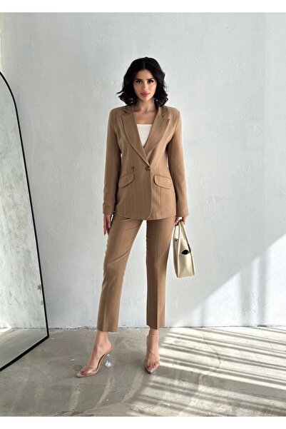 diaves Kahverengi Çizgi Desenli Blazer Ceket Boru Paça Pantolon Pamuklu Dokuma KumaşTakım Elbise