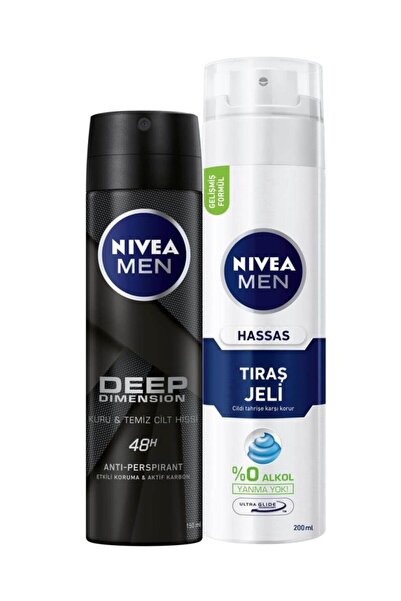 NIVEA Deep Dimension Erkek Deosprey 150ml Tıraş Jeli Hassas Ciltler Için 200 ml