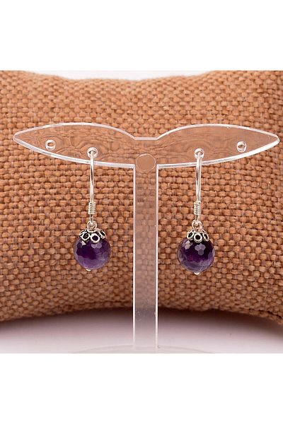 Taş Sandığı Amethyst Stone Silver Earrings - 10 Mm Facet Cut