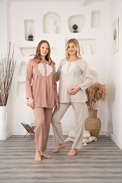LOHOUSE Women's Beige Honeycomb Lace Winter Maternity Maternity Dressing Gown 3-Piece Pajama Set