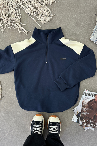 Sun Victoria Φούτερ Unisex Navy Blue με ψηλό γιακά Oversize με 3 κλωστές