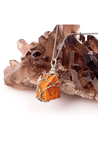 Taş Sandığı Raw Tiger Stone Necklace - Wire Wrapped Eye Design