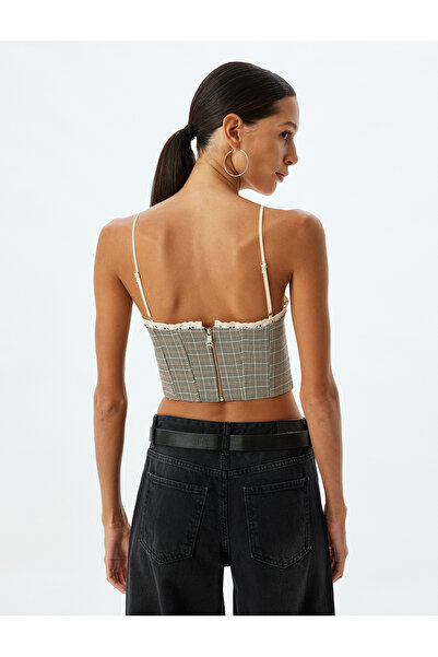 Koton Heart Neck Lace Detailed Straps Plaid Crop Bustier
