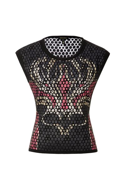 Escada Mesh Detailed Patterned Sleeveless Black Wool Sweater