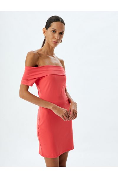 Koton Madonna Collar Off-The-Shoulder Pencil Dress Mini Size Slim Fit