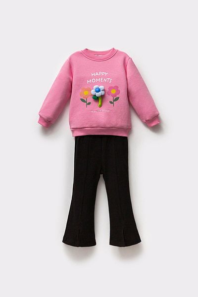 Magu Girl's Floral Applique Cotton Sweatshirt Spanish Tights Top and Bottom Set