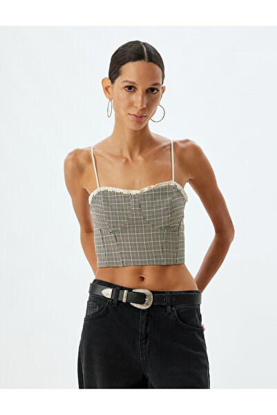 Koton Heart Neck Lace Detailed Straps Plaid Crop Bustier