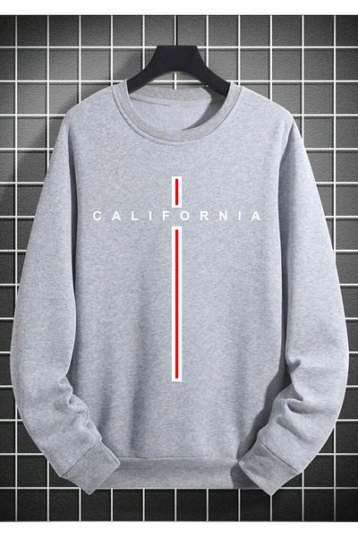 Buğraterzimoda California Printed Crew Neck Gray Oversize Sweatshirt