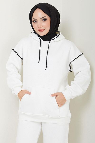 hafsamina White Shepherd Embroidered Hooded Tracksuit Set - Three Thread Hm2579