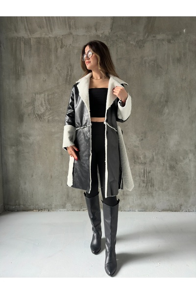 asfamoda Kadın Siyah İçi Kürklü Kuşaklı Deri Peluş Kaban Ceket Mont