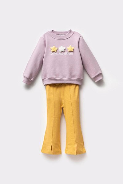 Magu Girl's Winter 3 Thread Star Patterned Cotton Sweatshirt Tights Top and Bottom Set