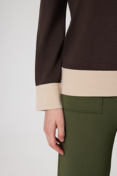 Mısırlı Kahverengi Bej Manşetli Uzun Kollu Kadın Kazak