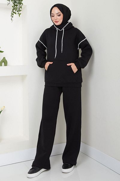 hafsamina Shepherd Embroidered Three Thread Raster Hooded Tracksuit Set Black Hm2579