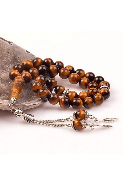 Taş Sandığı Tiger Eye Stone Prayer Beads - 8 Mm / Stone with Imams