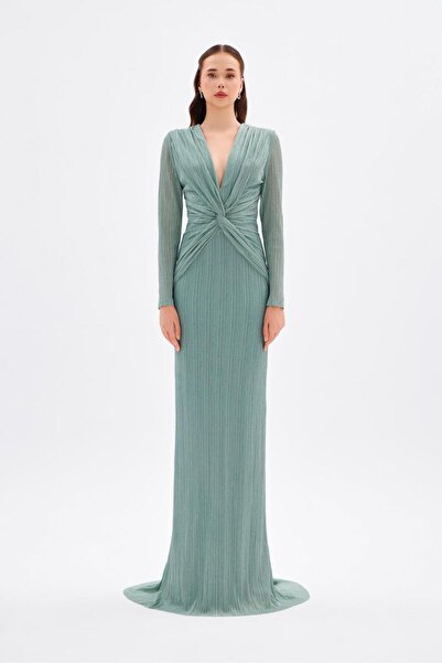 CENGIZ AKTURK Düğüm Detaylı V Yaka Simli Uzun Abiye Elbise - 9120C