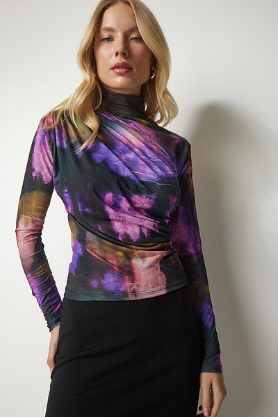 Lovelyİstanbul Bluză cu nisip drapat - guler vertical, violet negru, LFF0011