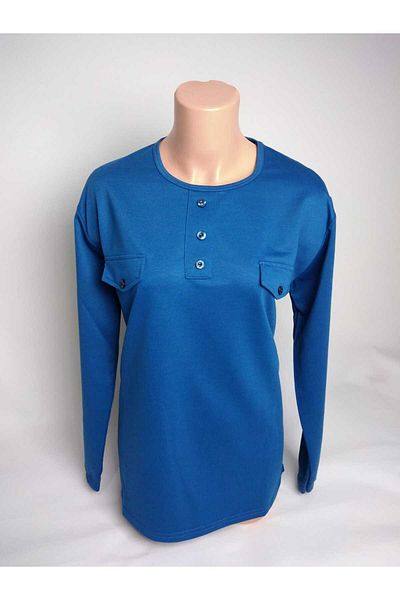 YAŞAR TRİKO Tricou bluză cu două fire pentru femei Indigo, cu decolteu rotund, cu nasturi, cu mânecă lungă, cu elastic la gleznă