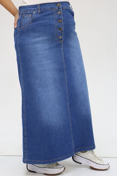 Eslina 45002-2 Fusta din denim cu nasturi în față de mărime mare - Albastru închis