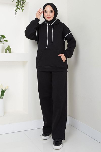 hafsamina Shepherd Embroidered Three Thread Raster Hooded Tracksuit Set Black Hm2579