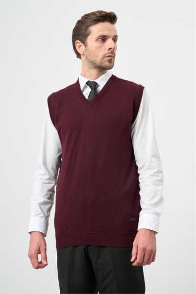 İmza Claret Red Plain Knitted V-Neck Classic Comfort Fit Knitwear 1012245003