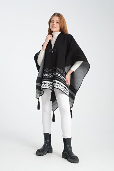 VEGA MODA Ethnic Patterned and Fisherman's Stitched Knitwear Poncho - Button Detailed, Stylish Outerwear Poncho