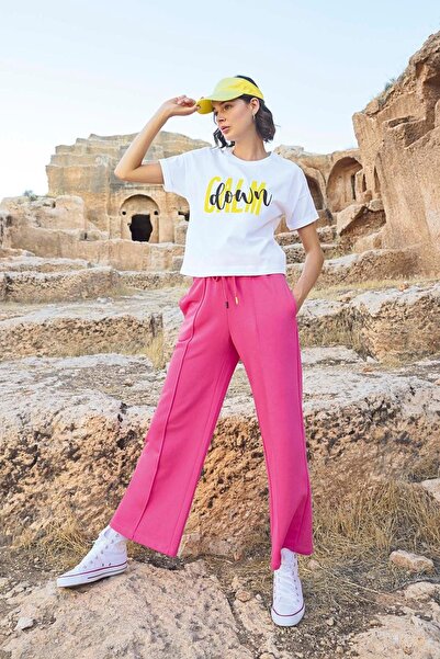 MONAMİSE 23087 Γυναικείο κοντομάνικο σετ αθλητικής φόρμας-ροζ