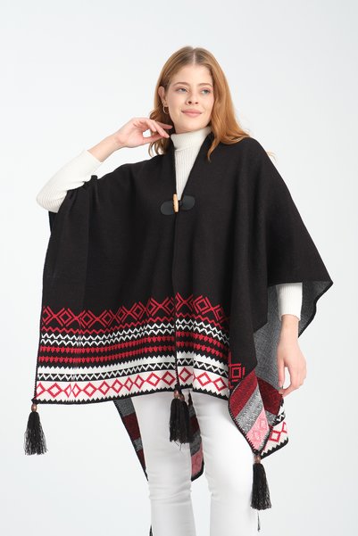 VEGA MODA Ethnic Patterned Poncho, Fisherman Stitch Button Detailed Poncho, Outerwear Poncho, Knitwear Stylish Poncho